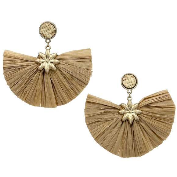 Light Brown Tan Raffia Fan Statement Drop Post Dangle Earrings - Picture 1 of 3